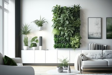 Wall Mural - a green and blooming vertical garden on a white wall in a modern interior, created with generative ai