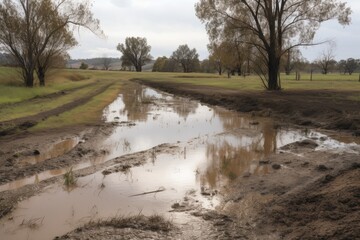 Sticker - draining field with water overflowing and spilling into the creek, created with generative ai