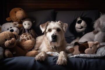 Canvas Print - portrait of happy dog lying on bed, surrounded by teddy bears and other stuffed animals, created with generative ai