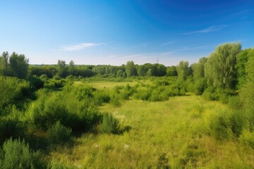 Canvas Print - rural background with lush green foliage and clear blue sky, created with generative ai