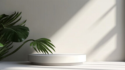 Wall Mural - Minimal white podium with soft leaves shadow overlay and sunlight. Tropical palm leaf element for showcase product presentation cosmetic, skincare, beauty treatment product.