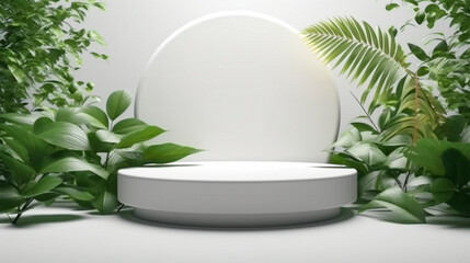 Wall Mural - Minimal white podium with soft leaves shadow overlay and sunlight. Tropical palm leaf element for showcase product presentation cosmetic, skincare, beauty treatment product.