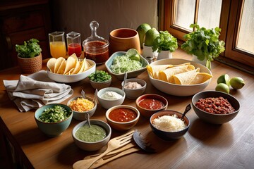 Poster - table setting with various toppings and spices for making your own tacos, burritos, or nachos, created with generative ai