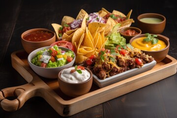 Canvas Print - classic mexican snack tray with a variety of tacos, burritos, and nachos, created with generative ai