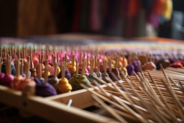 Wall Mural - textile crafts workshop, with rows of knitting needles and colorful yarn, created with generative ai