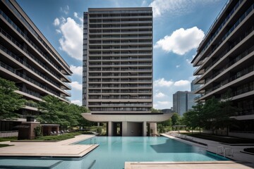 Sticker - high-rise apartment building with open lobby and swimming pool visible in the background, created with generative ai