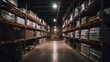 © bad_jul - Interior of a warehouse with rows and rows of boxes of shelves full of goods. Shallow depth of field. Industrial background.