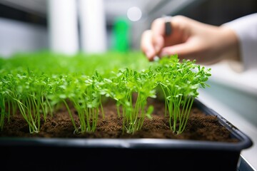 Wall Mural - close-up of seedling being taken care of by a specialized team, created with generative ai