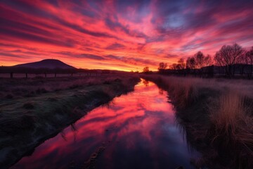 Wall Mural - luminous sunrise over serene landscape, with streaks of pink and orange light, created with generative ai