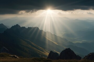 Poster - majestic mountain range, with rays of sunlight shining through the clouds, created with generative ai