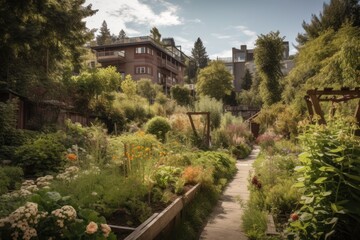 Poster - sprawling community garden, with lush foliage and blooming flowers, created with generative ai