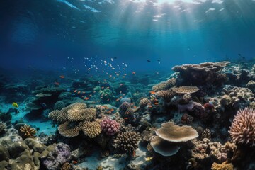 Canvas Print - coral reef scene, with schools of colorful fish swimming among the corals, created with generative ai