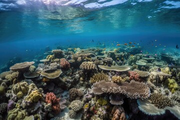 Sticker - coral reef surrounded by diverse marine ecosystem, with schools of fish and other marine life visible, created with generative ai