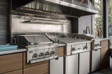 Wall Mural - custom-built cooking station with sleek, modern design and stainless steel elements, created with generative ai