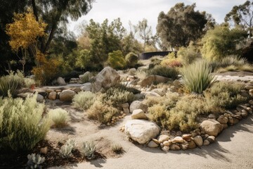 Wall Mural - a rock garden with drought-tolerant and native plants, created with generative ai