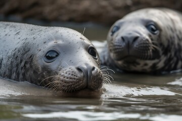 Wall Mural - seal pup peeks out from behind its mother's flipper, created with generative ai