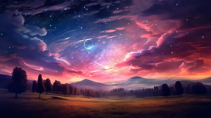 Wall Mural - Beautiful nature landscape anime white dreamy fantasy bright star in the sky. Generative Ai.