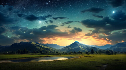 Wall Mural - Beautiful nature landscape anime white dreamy fantasy bright star in the sky. Generative Ai.