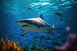 Fototapeta Do akwarium - Majestic Encounter A Shark's Graceful Swim in the Ocean's Sunlit Waters. created with Generative AI