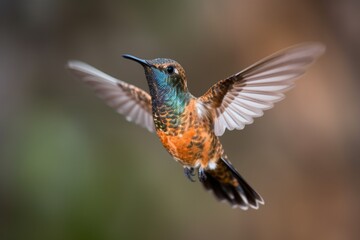 Poster - tiny hummingbird, fluttering its wings and soaring in the sky, created with generative ai