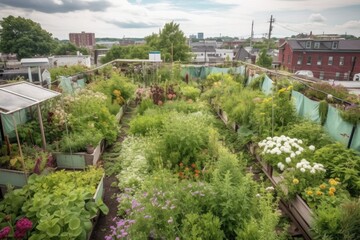 Poster - green rooftop garden with blooming flowers and herbs, created with generative ai