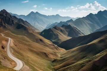 Poster - scenic road trip through the mountains, with towering peaks and winding roads, created with generative ai