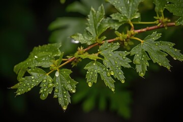 Wall Mural - close-up of sprouting tree leaves, with dew drops glistening on the leaves, created with generative ai