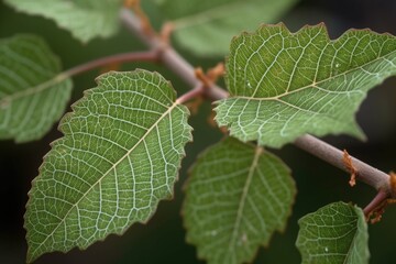 Poster - close-up of sprouting tree leaves, showing their intricate veins, created with generative ai