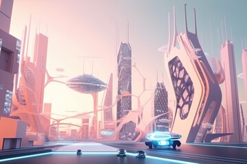 Poster - 3d geometric structure and futuristic cityscape, with futuristic vehicles and people in the foreground, created with generative ai