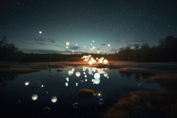 Canvas Print - abstract and surreal landscape with floating orbs of light, resembling stars, created with generative ai