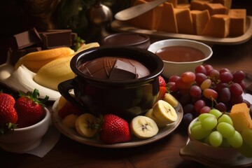 Wall Mural - chocolate fondue, served with various fruit and pastries, created with generative ai