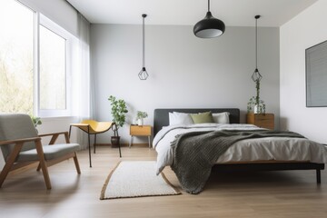 Poster - bedroom with minimalistic approach and clutter-free living spaces, featuring simple yet stylish furnishings, created with generative ai