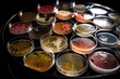 microbial cultures in petri dish array, showing diversity of species, created with generative ai