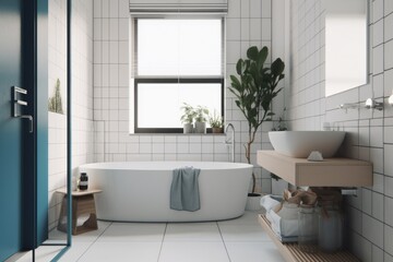 Poster - a minimalist and tranquil bathroom, with white tiles, blue accents, and natural light, created with generative ai