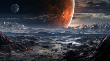 Wall Mural - Panoramic view of the moon out in the space. Generative Ai.