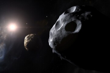 Wall Mural - asteroid, captured from unique perspective with nearby planet in the background, created with genera