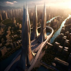 Wall Mural - futuristic high-tech city with advanced infrastructure, science fiction cityscape, fictional landsca