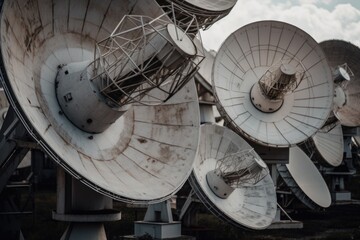 Canvas Print - close-up of satellite dishes, each one pointing in different direction, created with generative ai