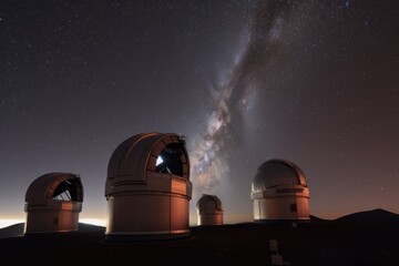 Poster - view of nearby star system, with white and black telescopes visible against the night sky, created with generative ai