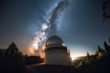 Sticker - view of observatory at night, with bright stars shining in the sky, created with generative ai