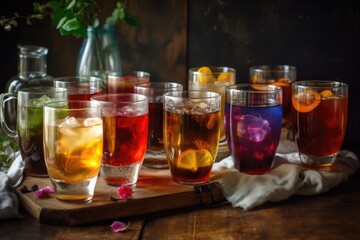 Wall Mural - glasses of iced tea and coffee, each with a touch of sweetness and a splash of color, created with generative ai