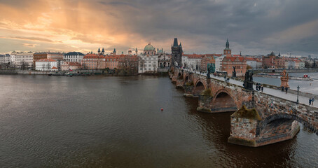 Wall Mural - Scenic spring panoramic aerial view of the Old Town pier architecture and Charles Bridge over Vltava river in Prague, Czech Republic