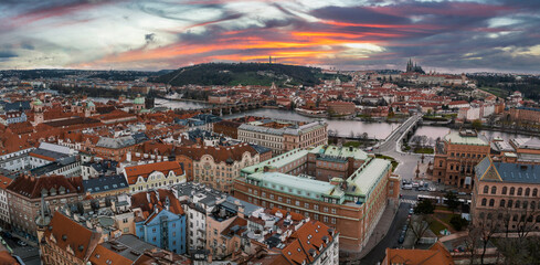 Wall Mural - Scenic spring panoramic aerial view of the Old Town pier architecture and Charles Bridge over Vltava river in Prague, Czech Republic