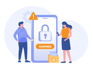 Banned system, connection, website, internet security, system computer, technology computing, hacked, flat design illustration vector banner and background