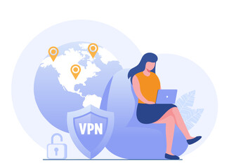 Wall Mural - VPN access. VPN to protect personal data in smartphone & computer. Virtual Private Network. Secure network connection and privacy protection. flat vector illustration banner