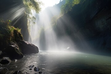 Poster - sparkling waterfall, with sun shining through the mist, created with generative ai