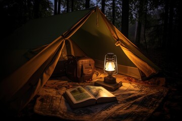 Canvas Print - tent with lantern and book, for a cozy night in the woods, created with generative ai