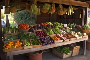 Sticker - vegetable stand with range of colorful and fresh produce, created with generative ai