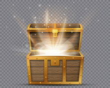 Realistic Open Chest, Vintage Old Treasure Wooden Box With Golden Glowing Inside. Vector Illustration.