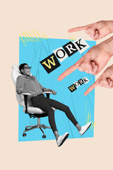 Sticker - Vertical collage picture of huge arms point finger black white gamma imressed person sit chair work text isolated on beige background